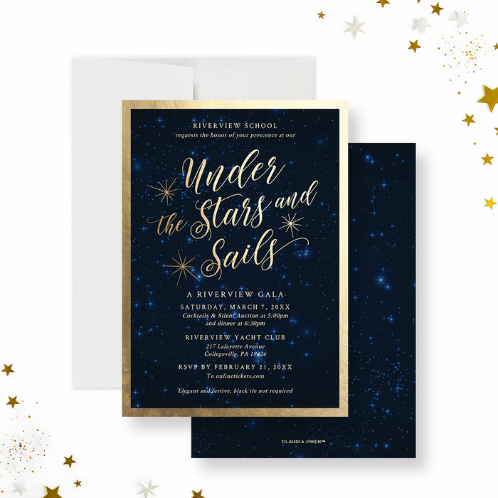 Under the stars and sails digital invitation featuring starry night sky and gold accents