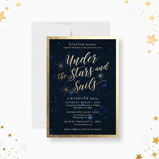 Under the stars and sails invitation featuring starry night sky and gold accents