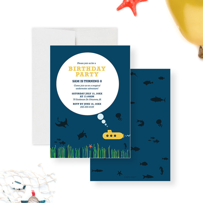 Underwater-themed kids birthday party invitation with yellow submarine, sea creatures, ocean grass, and navy blue background.-front-back