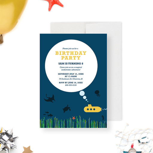 Underwater-themed kids birthday party invitation with yellow submarine, sea creatures, ocean grass, and navy blue background.-front