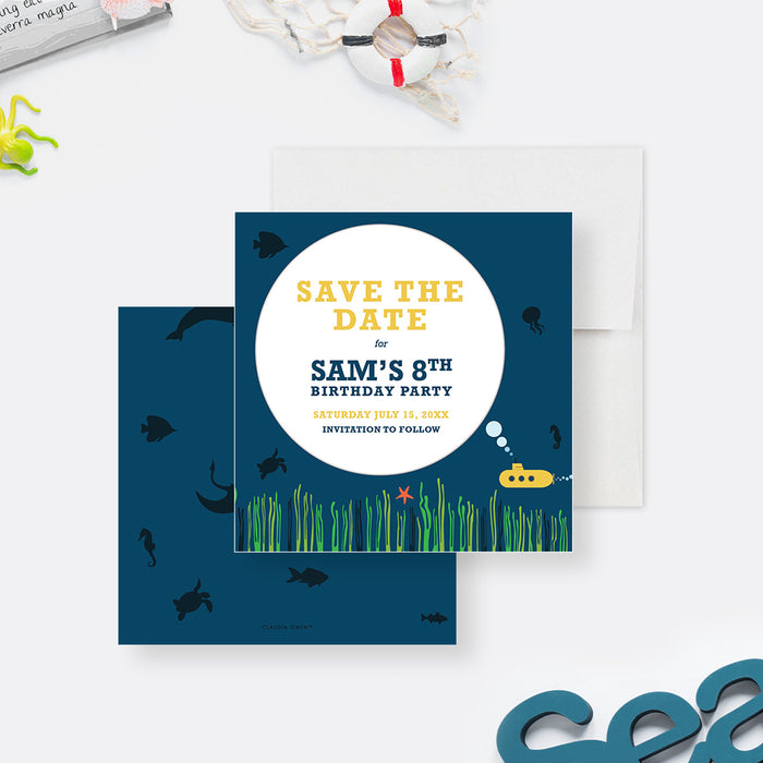 Underwater-themed save the date card with yellow submarine, sea creatures, ocean grass, and navy blue background for a child’s birthday party-front-back