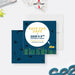 Underwater-themed save the date card with yellow submarine, sea creatures, ocean grass, and navy blue background for a child’s birthday party-front-back