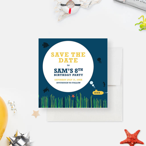 Underwater-themed save the date card with yellow submarine, sea creatures, ocean grass, and navy blue background for a child’s birthday party-front