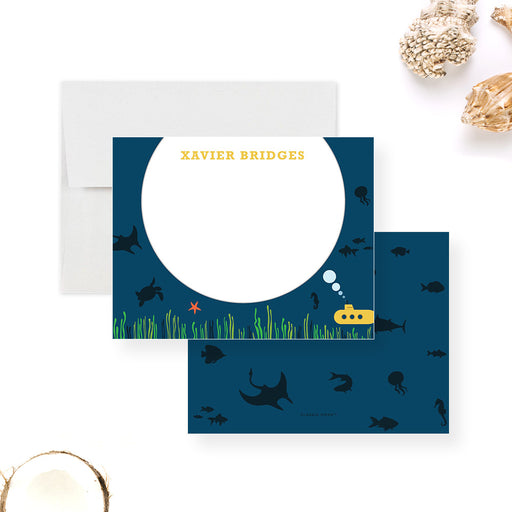 Personalized underwater-themed note card featuring yellow submarine, sea creatures, ocean grass, and navy blue background-front-back