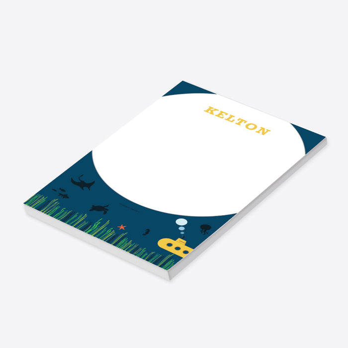 Personalized underwater themed notepad with yellow submarine, sea creatures, and ocean grass on navy blue background-side
