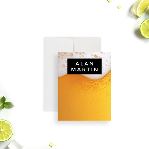 Personalized beer-themed notecard with foamy golden beer and a custom name, ideal for party favors or thank you notes.-front