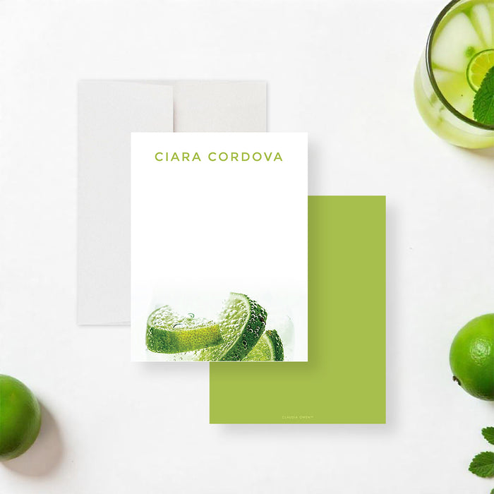 Personalized note card featuring a lime and bubbles design, with a custom name at the top, ideal for business stationery or elegant correspondence.-front-back