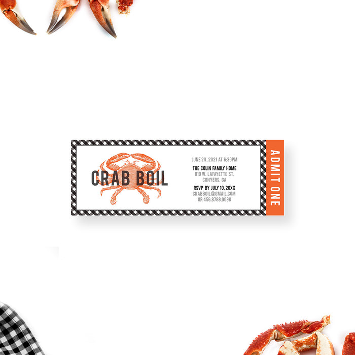 Crab Boil Party Ticket Invitation with Gingham Design, Seafood Birthday Ticket Invites, Seafood Boil Summer Party Tickets