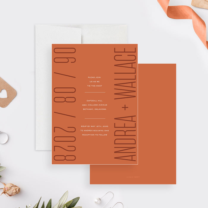 Unique Modern Wedding Invitation Card in Rust Orange, Fall Wedding Invitations with Minimalist Typography