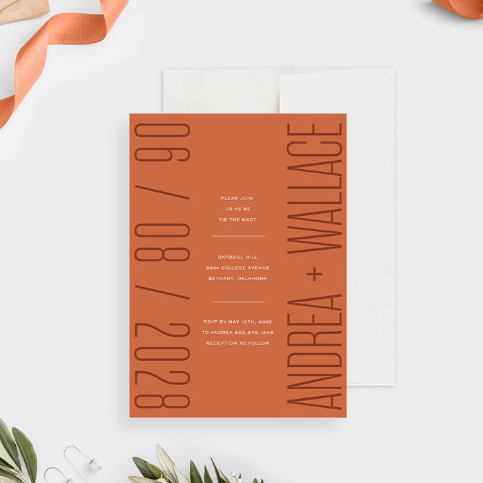 Unique Modern Wedding Invitation Card in Rust Orange, Fall Wedding Invitations with Minimalist Typography