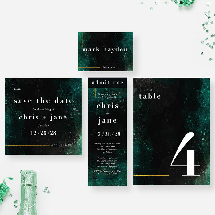 Unique Wedding Invitation Card in Emerald Green Black and Gold, Creative Wedding Invites