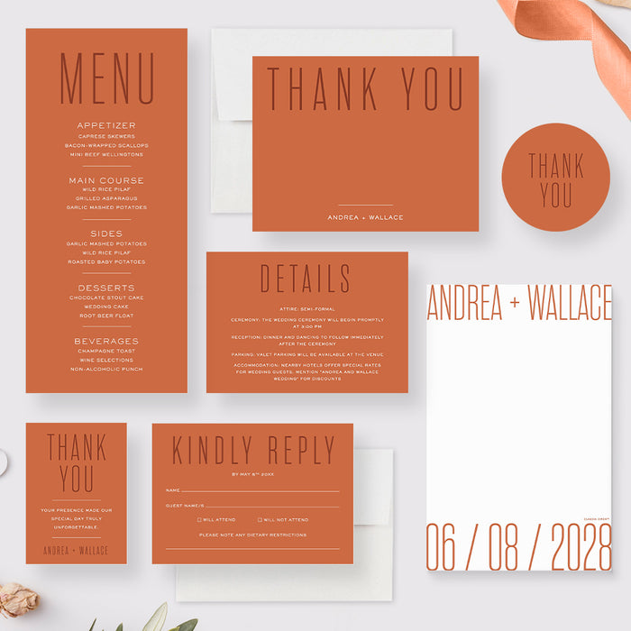 Unique Modern Wedding Invitation Card in Rust Orange, Fall Wedding Invitations with Minimalist Typography