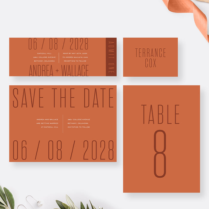 Unique Modern Wedding Invitation Card in Rust Orange, Fall Wedding Invitations with Minimalist Typography