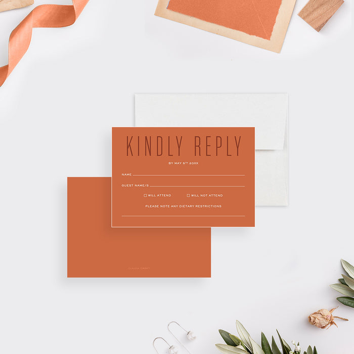 Unique Modern Wedding Invitation Card in Rust Orange, Fall Wedding Invitations with Minimalist Typography