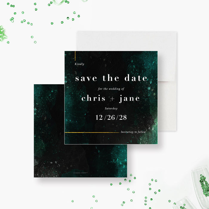 Unique Wedding Save the Date Card in Emerald Green Black and Gold, Elegant Wedding Save the Dates