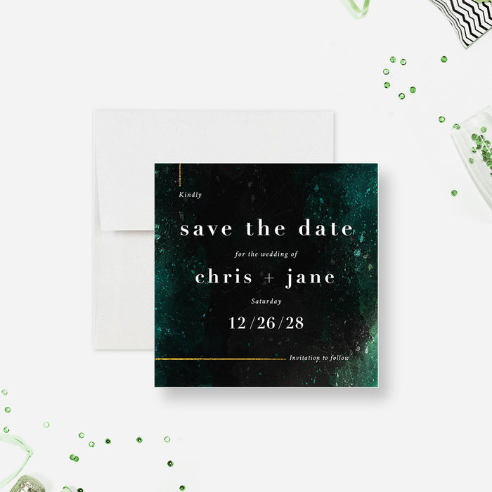 Unique Wedding Save the Date Card in Emerald Green Black and Gold, Elegant Wedding Save the Dates