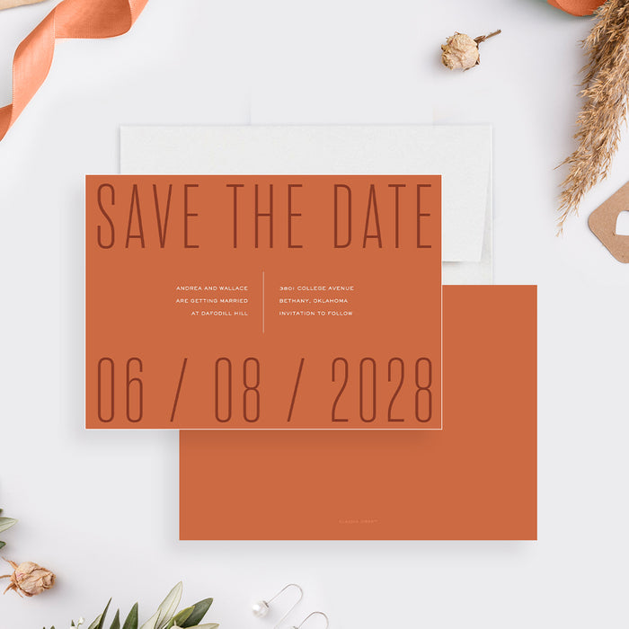 Unique Modern Wedding Invitation Card in Rust Orange, Fall Wedding Invitations with Minimalist Typography