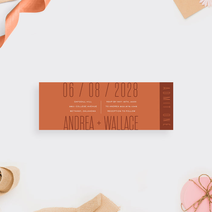 Unique Modern Wedding Invitation Card in Rust Orange, Fall Wedding Invitations with Minimalist Typography