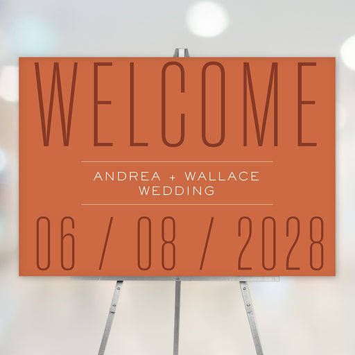 Terracotta wedding welcome sign with modern boho design in rust orange, perfect for rustic weddings and party decoration.