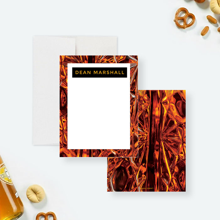 Personalized note card with a bold amber whiskey-inspired crystal pattern border, ideal for masculine stationery sets and whiskey enthusiast gifts.-front-back