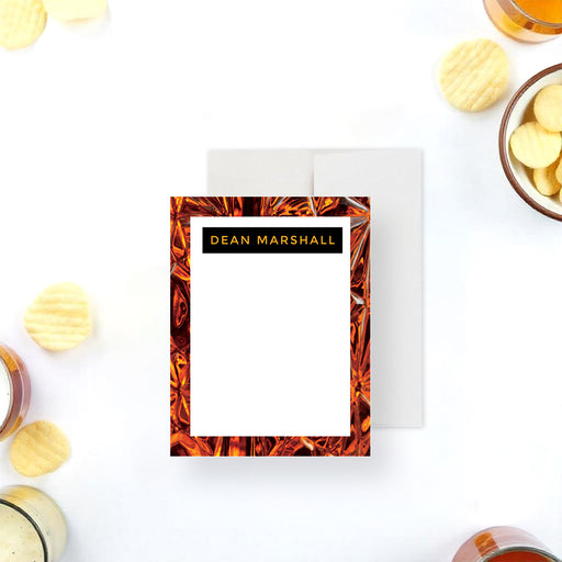 Personalized note card with a bold amber whiskey-inspired crystal pattern border, ideal for masculine stationery sets and whiskey enthusiast gifts.-front