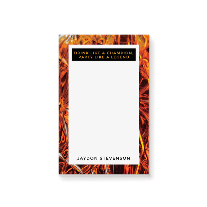 Personalized whiskey-themed notepad with an amber glass border, the quote "Drink like a champion, party like a legend," and a custom name.