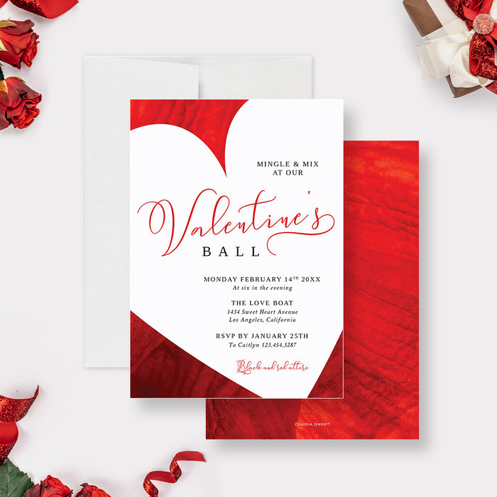 Elegant red Valentine's Day Ball invitation featuring a unique heart frame-front-back
