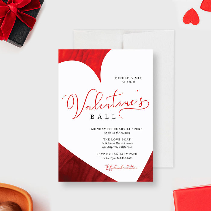 Elegant red Valentine's Day Ball invitation featuring a unique heart frame-front