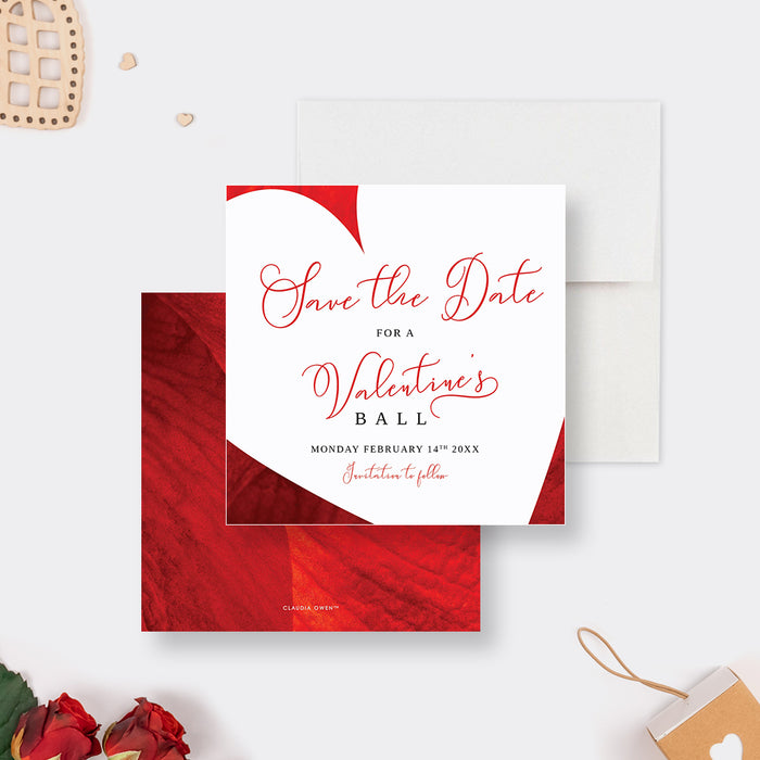 Romantic save the date card with love heart design for Valentine’s Ball party-front-back