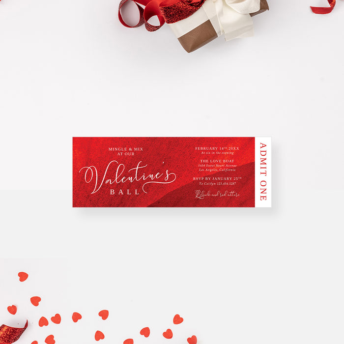 Elegant red ticket-style Valentine’s Ball party invitation, admit-one pass to romantic celebrations