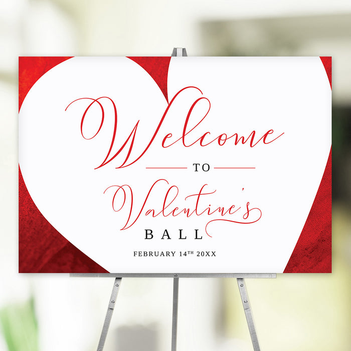 Valentine’s Ball party welcome sign with red and white heart illustration 