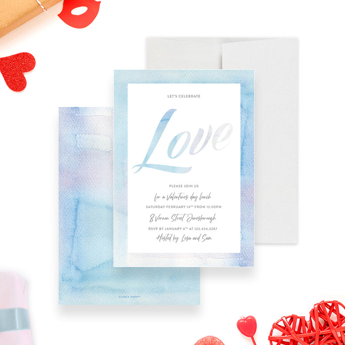 Valentine's Day invitation with soft blue watercolor border, elegant Love lettering, and personalized lunch party details-front-back