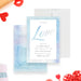 Valentine's Day invitation with soft blue watercolor border, elegant Love lettering, and personalized lunch party details-front-back