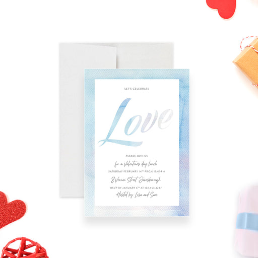 Valentine's Day invitation with soft blue watercolor border, elegant Love lettering, and personalized lunch party details-front