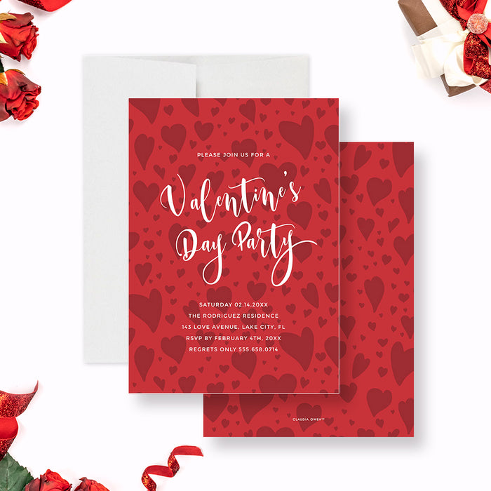 Romantic Valentine's Day party invitation featuring a vibrant red heart pattern-front-back