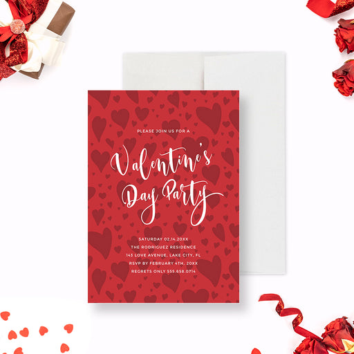 Romantic Valentine's Day party invitation featuring a vibrant red heart pattern-front