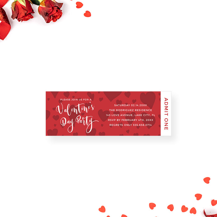 Stylish ticket-style Valentine's Day party invitation with romantic red heart design