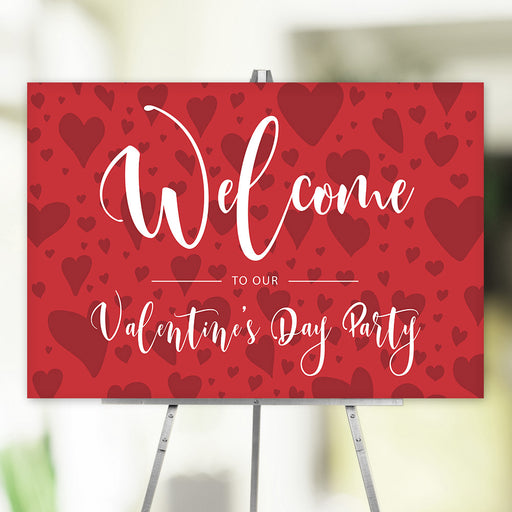 Valentine’s Day welcome sign featuring a cute red hearts pattern for romantic party decor