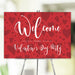 Valentine’s Day welcome sign featuring a cute red hearts pattern for romantic party decor