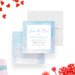 Valentine's Day save the date card with soft blue watercolor border, elegant script lettering, and personalized lunch details-front-back