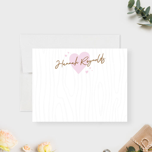 Cute pink Valentine's Day thank you note card with heart design, perfect romantic stationery gift for her or girls, personalized and feminine.

