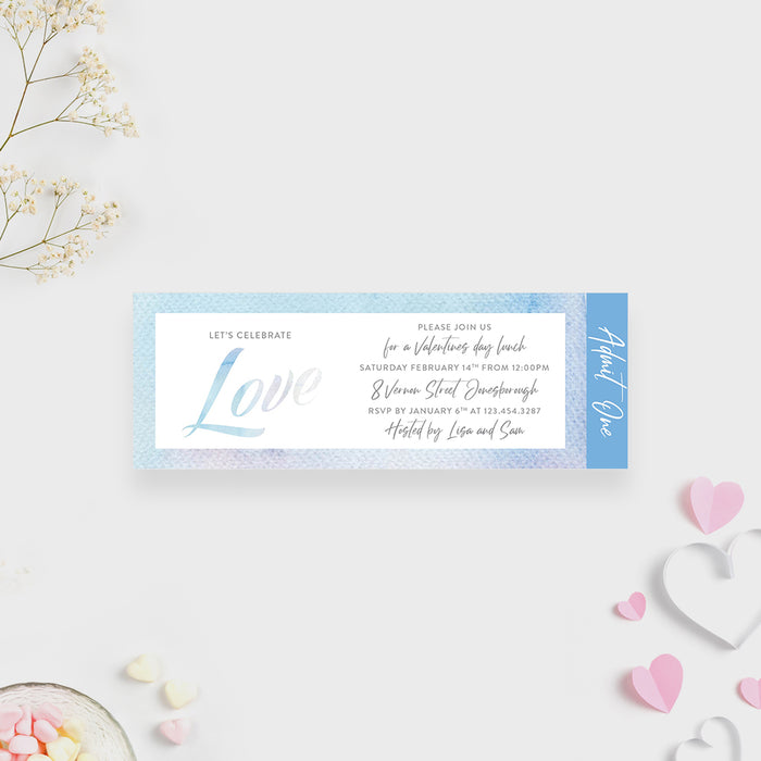 Valentine's Day ticket invitation with soft blue watercolor border, Love lettering, admit one panel, and personalized lunch party details