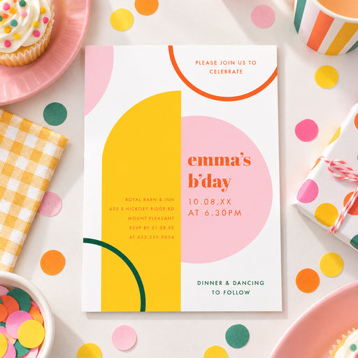 Modern colorful geometric birthday invitation with pink, yellow, orange and green abstract shapes-front
