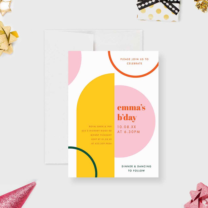 Colorful Birthday Dinner Invitation Card in Orange Pink Yellow and Green, Unique Birthday Party Invites for Kids