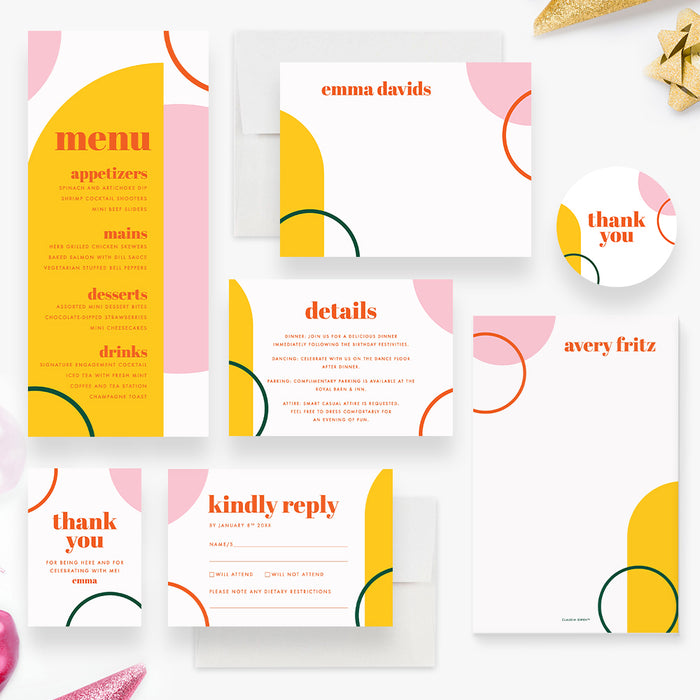 Colorful Birthday Dinner Invitation Card in Orange Pink Yellow and Green, Unique Birthday Party Invites for Kids