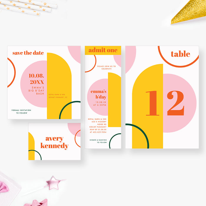 Colorful Birthday Dinner Invitation Card in Orange Pink Yellow and Green, Unique Birthday Party Invites for Kids