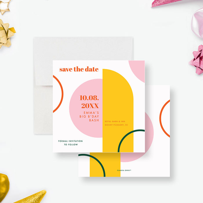 Colorful Birthday Bash Save the Date Card in Orange Pink Yellow and Green, Creative and Unique Save the Dates for Kids' and Adults' Birthday Celebrations