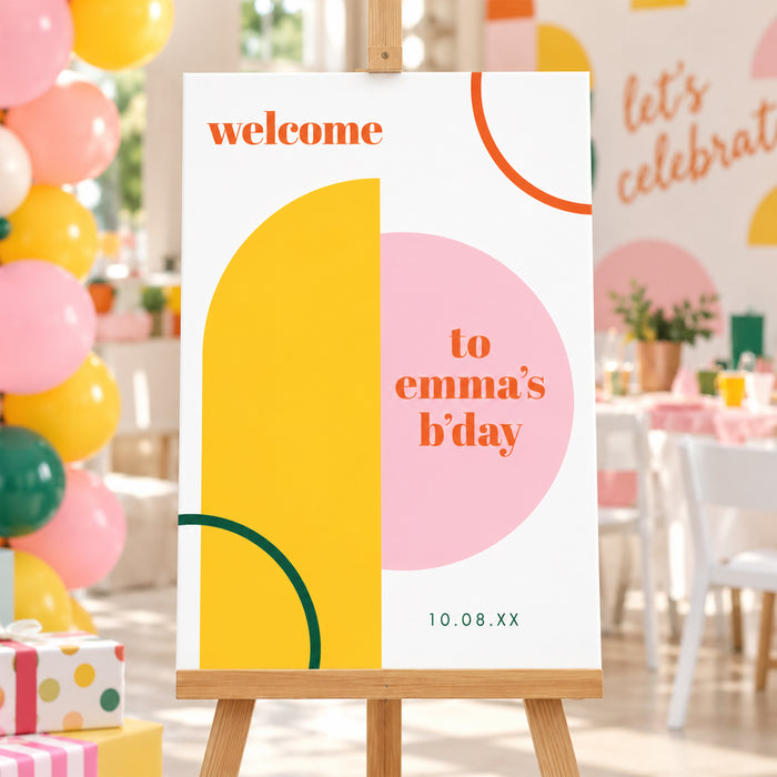 Modern geometric birthday welcome sign featuring bold pink, yellow, green, and orange shapes, customizable for party entrances, decor, and photo backdrops.
