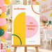 Modern geometric birthday welcome sign featuring bold pink, yellow, green, and orange shapes, customizable for party entrances, decor, and photo backdrops.