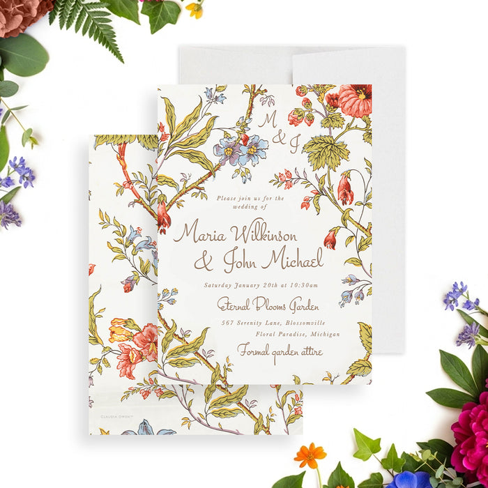 Vintage botanical wedding invitation with floral garden design, delicate illustrated flowers, and elegant script lettering-front-back
